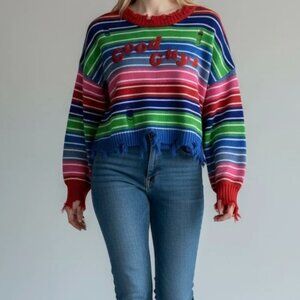 Chucky Good Guys Distressed Striped Sweater Horror Graphic Pullover Y2K Grunge L